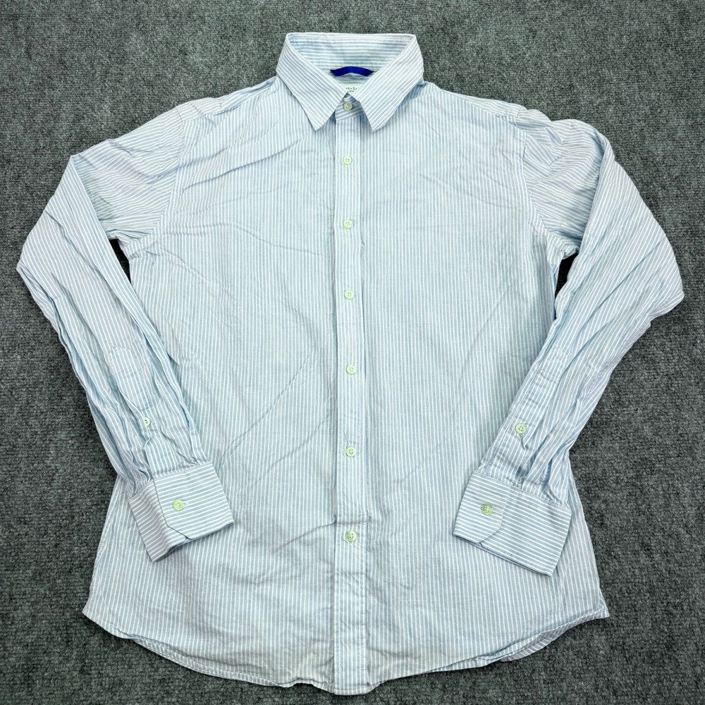 Teddy Stratford Shirt Mens Size 2 Medium Blue White Stripe Hidden Zip Button Up